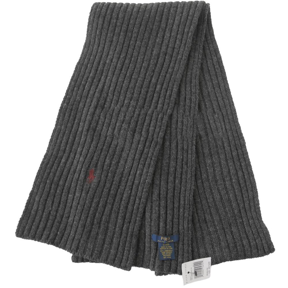 NEW Polo Ralph Lauren Ribbed Scarf!  Gray Heather With Maroon Polo Player  Wool